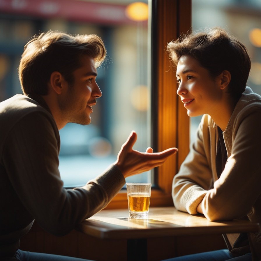 Due persone che conversano in modo naturale e rilassato al tavolo di un bar