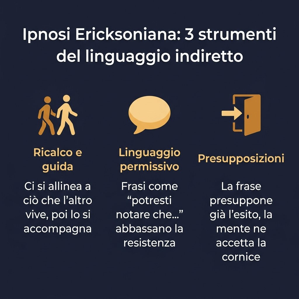 Infografica: Ipnosi Ericksoniana, tre strumenti del linguaggio indiretto - ricalco e guida, linguaggio permissivo, presupposizioni