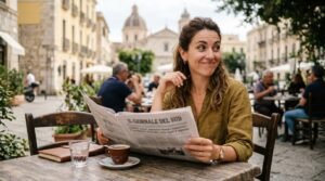 Una donna legge l’oroscopo sul giornale con aria divertita