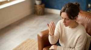 una donna si fissa il palmo della mano, in stato di leggera trance ipnotica