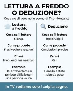 Differenza tra lettura a freddo e deduzione, con esempi tratti dalle scene di The Mentalist