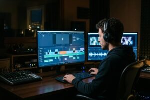 Il montaggio televisivo taglia gli errori: un montatore al lavoro sulla timeline